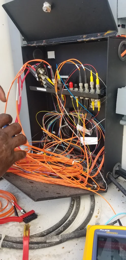 Fiber optic cabinet with orange fiber cabling